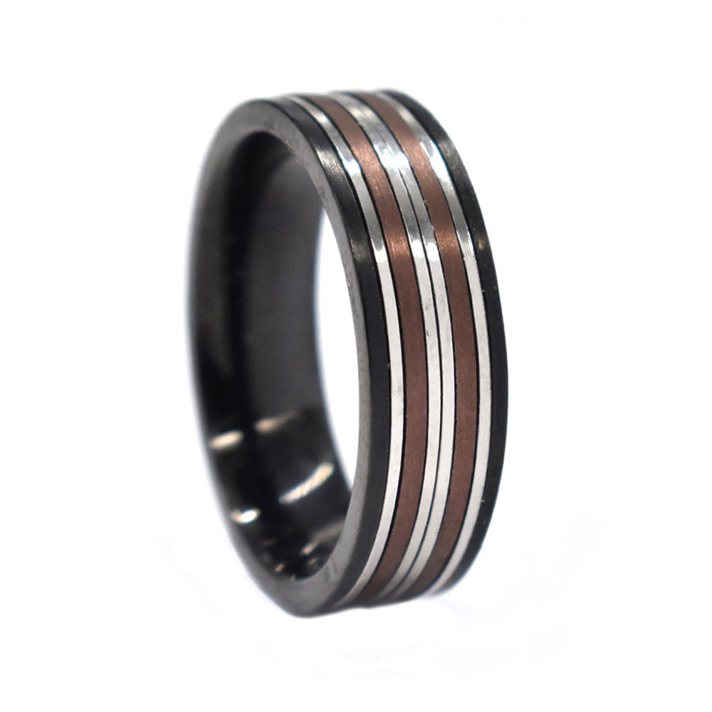 Stainless steel brown and black line band ring   Size T - SSGR9453