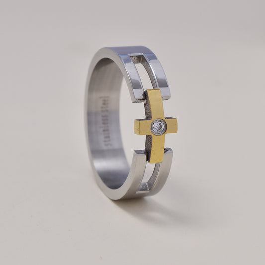 Buy 1 get 1 FREE - Stainless steel 2 tone cubic zirconia cross band ring   Size W - SSGR9454