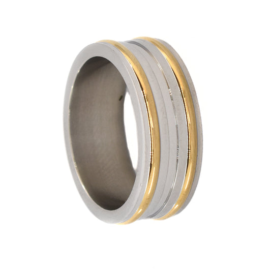 Stainless steel 2 tone 2 line band ring  Size R - SSGR9470