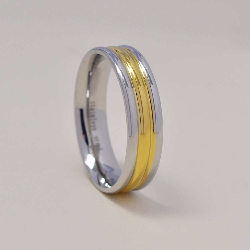 Stainless steel centre gold stripe band ring - SSGR9473