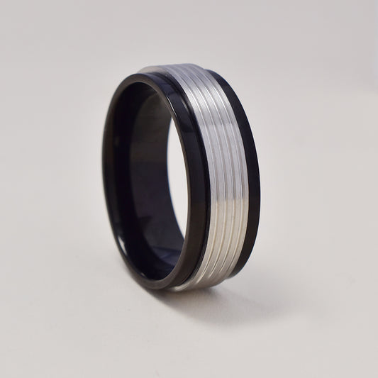 Buy 1 get 1 FREE - Stainless steel black and silver line band ring   Size Z - SSGR9476i