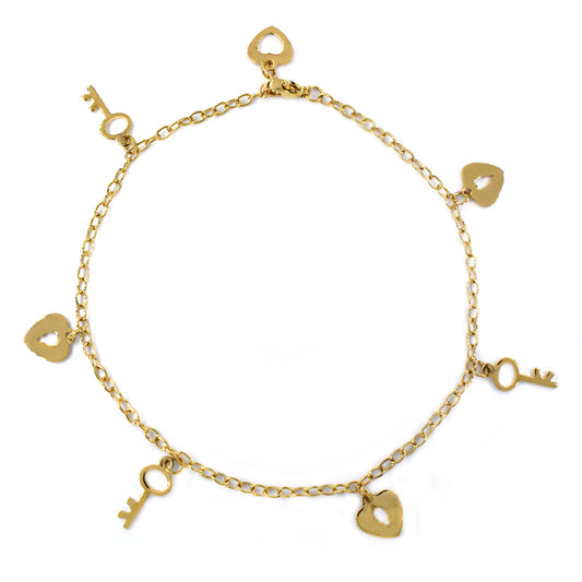 Stainless steel gold anklet with lock and key charms