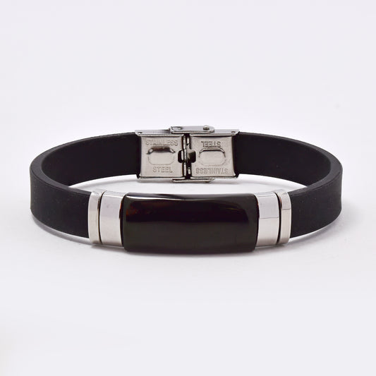 SSMB2960 - Steel and leather 22.5cm x 11mm 3 tone bracelet
