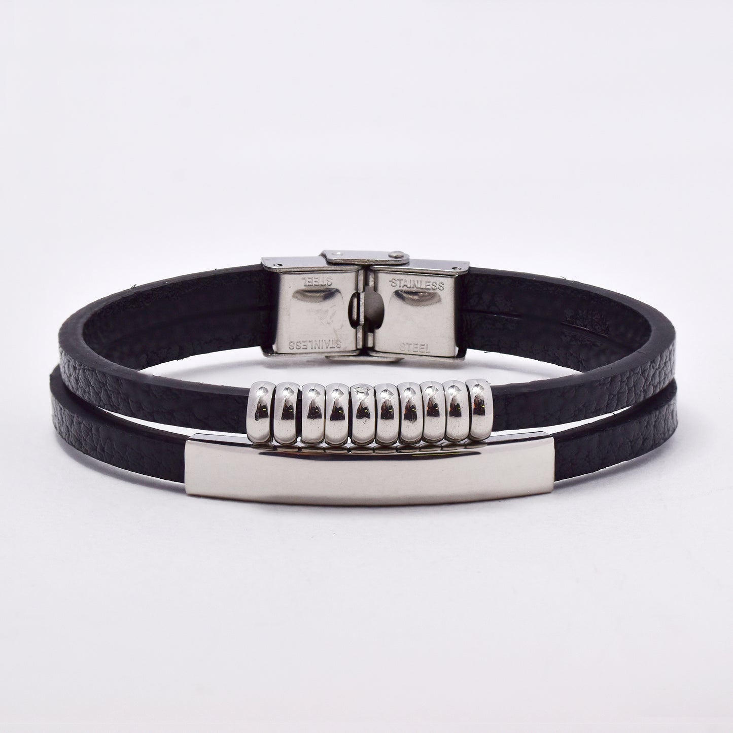 SSMB2972 - Steel and leather 21.5cm x 13mm 2 strand bracelet
