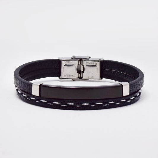 SSMB2973 - Steel and stitched leather 21.5cm x 12mm 2 strand bracelet