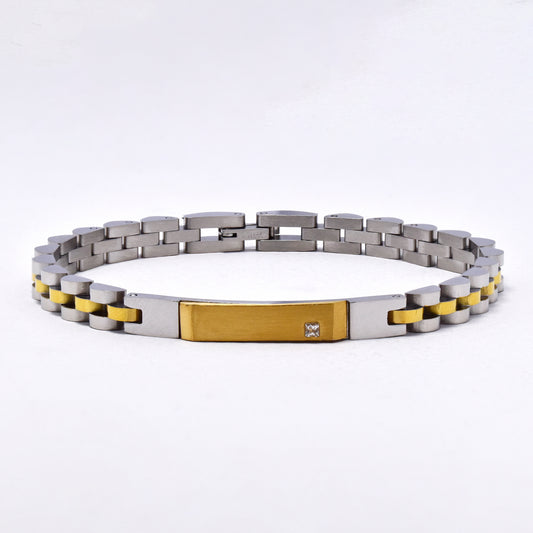 SSMB3013 - Steel 20.5cm x 6mm two tone CZ ID bracelet