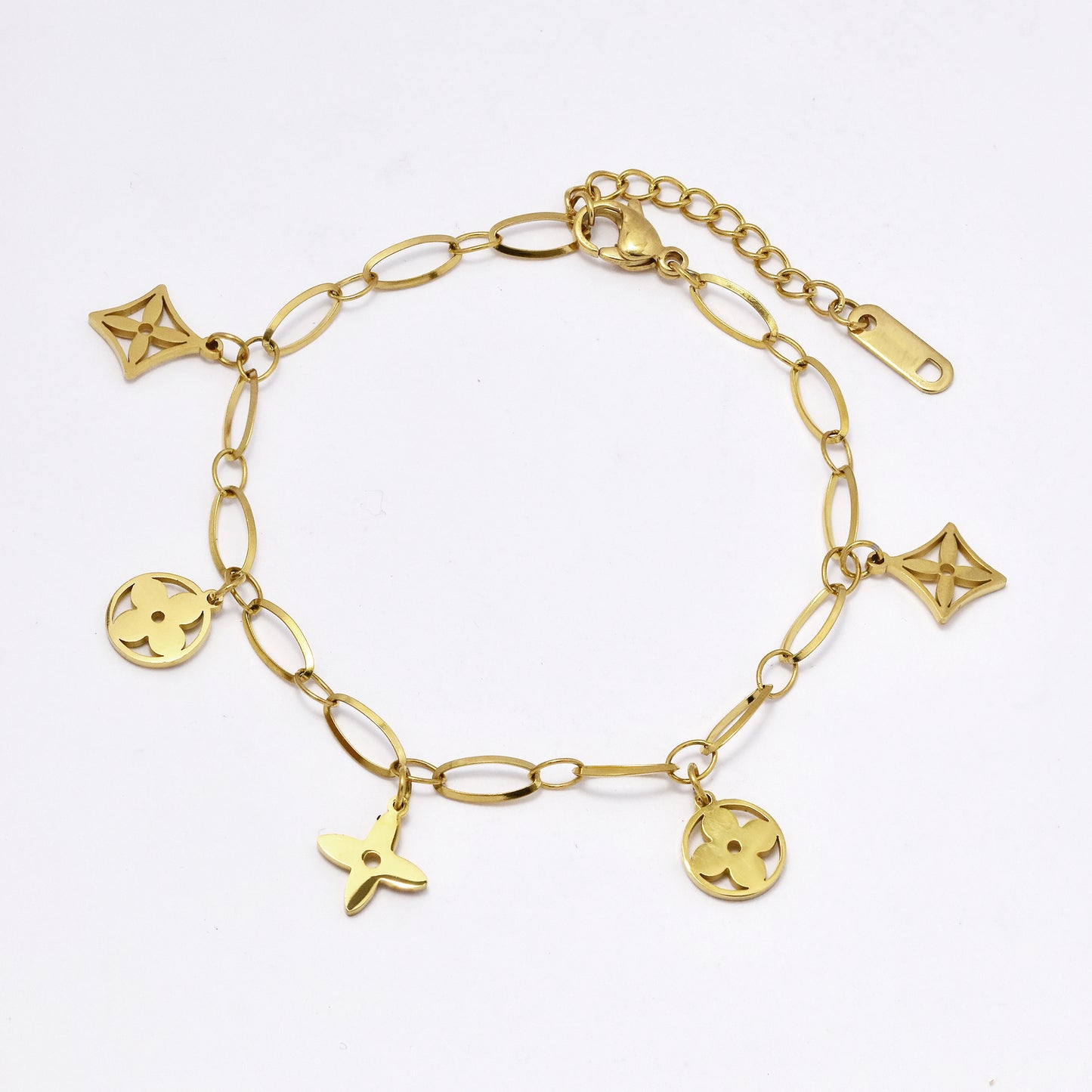 SSMB3037 - Steel 18cm + 4.5cm  flower charm bracelet