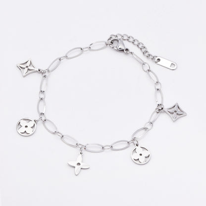 SSMB3037 - Steel 18cm + 4.5cm  flower charm bracelet