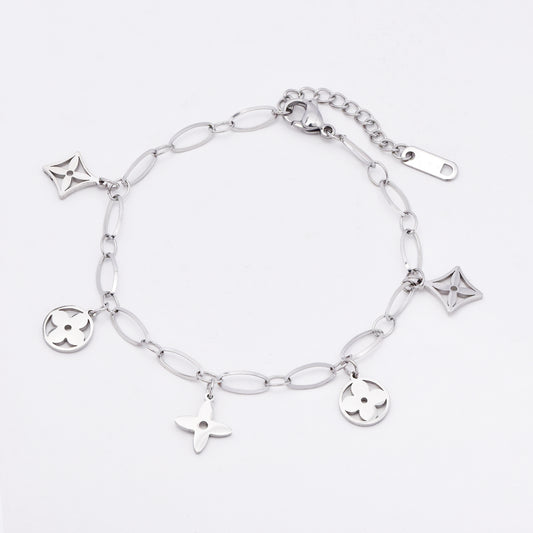 SSMB3037 - Steel 18cm + 4.5cm  flower charm bracelet