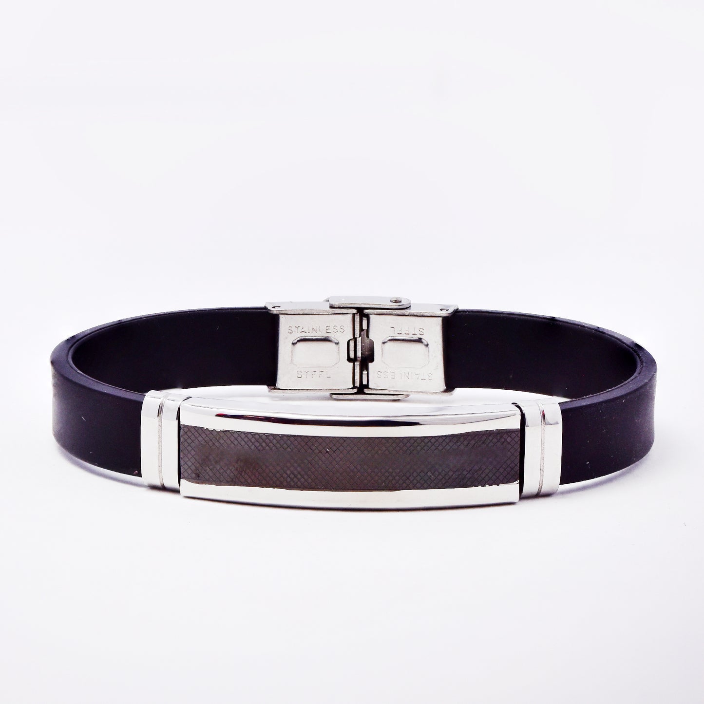 SSMB3181-SG - Steel 21cm x 10mm rubber bracelet with checkered mid-section