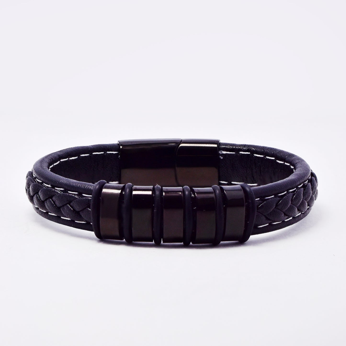 SSMB3185-BLK - Steel 22cm x 12mm faux leather weave bracelet