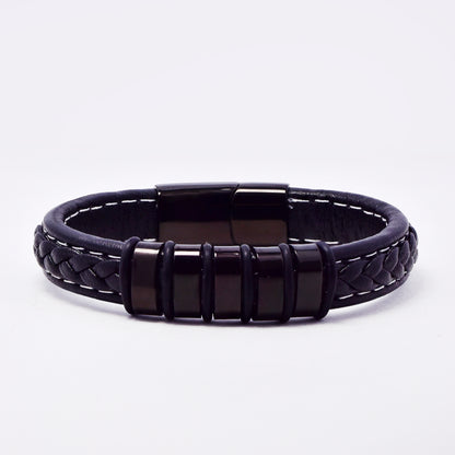 SSMB3185-BLK - Steel 22cm x 12mm faux leather weave bracelet