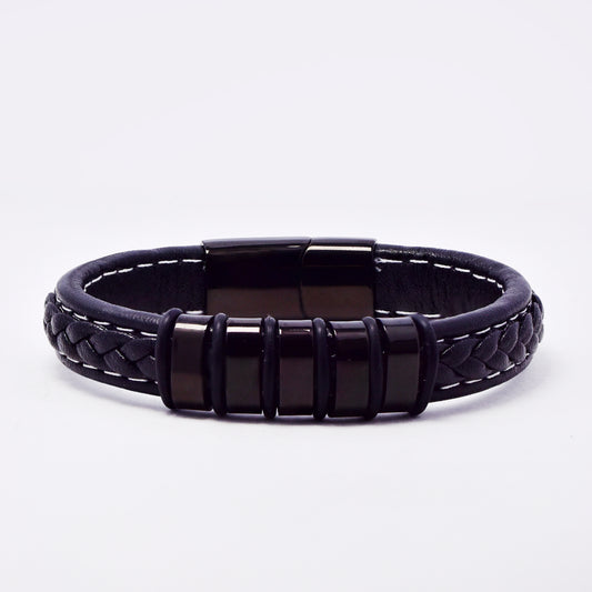 SSMB3185-BLK - Steel 22cm x 12mm faux leather weave bracelet