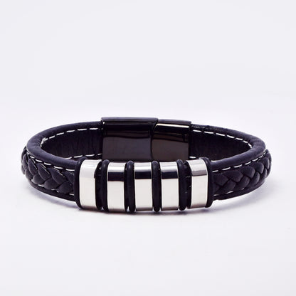 SSMB3185-BLK - Steel 22cm x 12mm faux leather weave bracelet