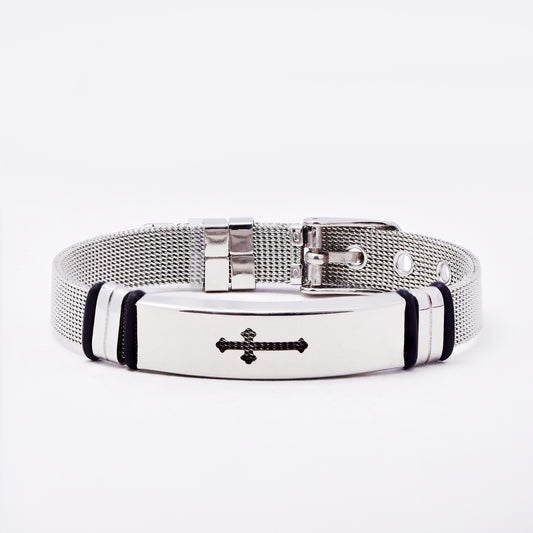SSMB3192 - Steel 24cm x 10mm cross bracelet with watch-strap & buckle closure