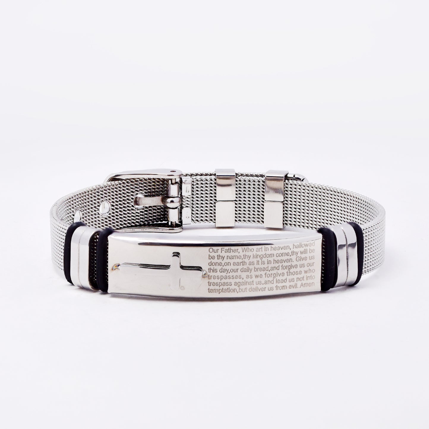 SSMB3193 - Steel 24.2cm x 10mm Lord's Prayer bracelet with watch-strap & buckle closure