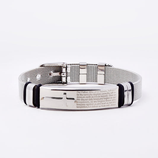 SSMB3193 - Steel 24.2cm x 10mm Lord's Prayer bracelet with watch-strap & buckle closure