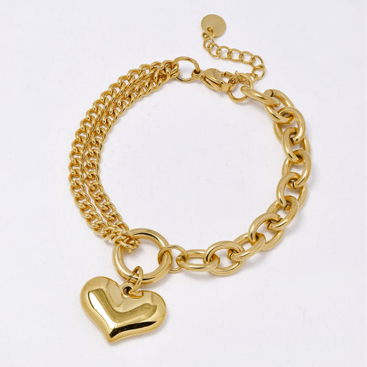 SSMB3236 - Steel 16.5cm + 5cm mixed link heart charm bracelet