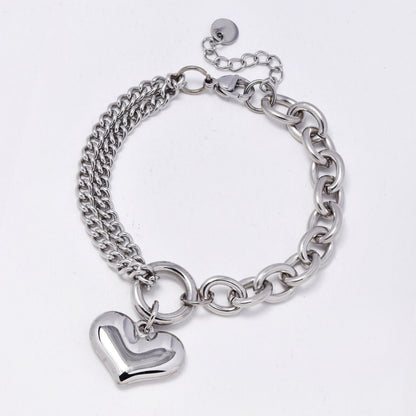 SSMB3236 - Steel 16.5cm + 5cm mixed link heart charm bracelet