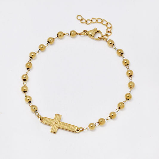 SSMB3241 - Steel 18cm + 3cm x 4mm prayer cross beaded bracelet