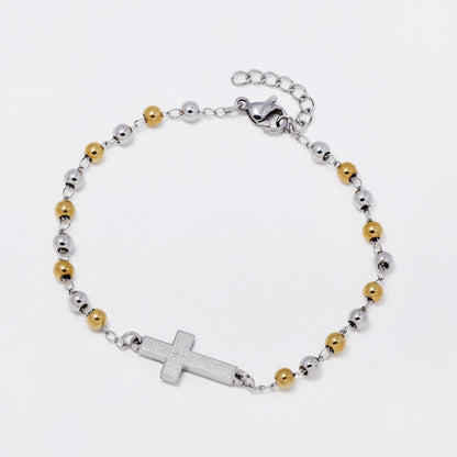 SSMB3241 - Steel 18cm + 3cm x 4mm prayer cross beaded bracelet