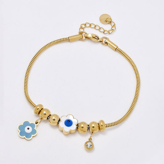 SSMB3318 - Steel 17.5cm + 3cm x 2mm flower charm snake bracelet