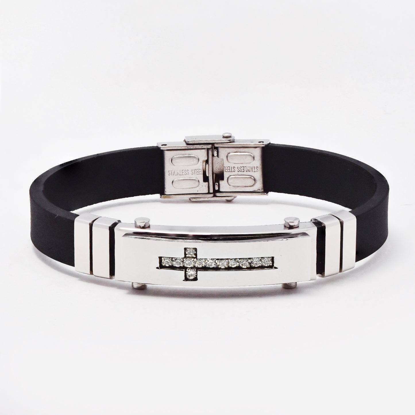 SSMB3459 - Steel 22.5cm x 10mm CZ cross inlay rubber bracelet