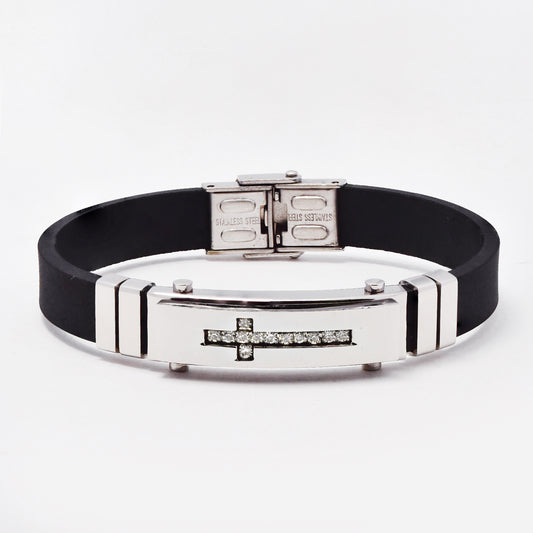 SSMB3459 - Steel 22.5cm x 10mm CZ cross inlay rubber bracelet