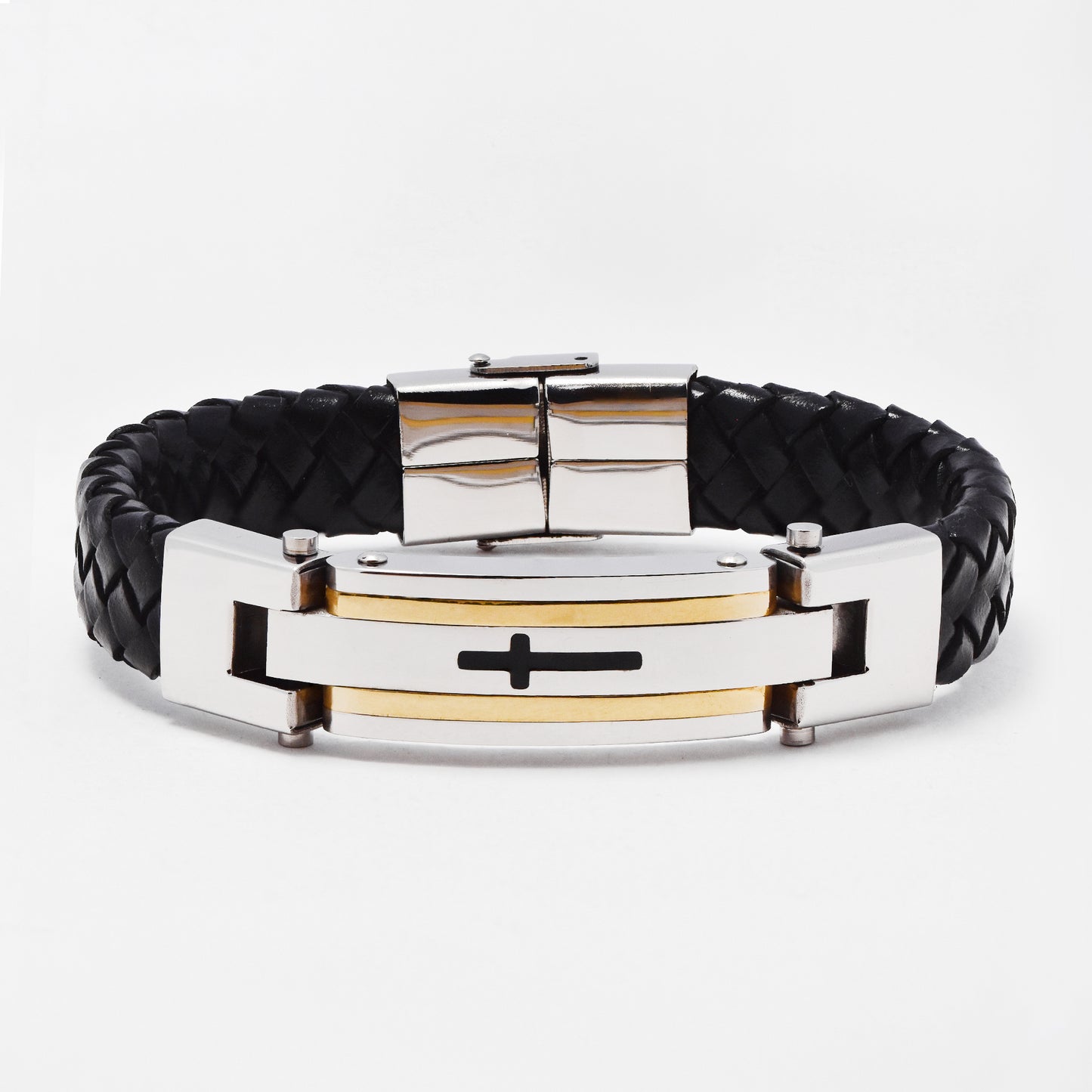 SSMB3460 - Steel 22.5cm x 14mm broad weave cross ID bracelet