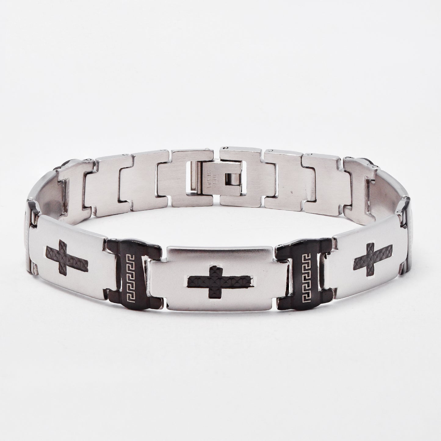 SSMB3464 - Steel 22.5cm x 12mm two-toned cross & geometric pattern bracelet