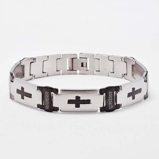 SSMB3464 - Steel 22.5cm x 12mm two-toned cross & geometric pattern bracelet