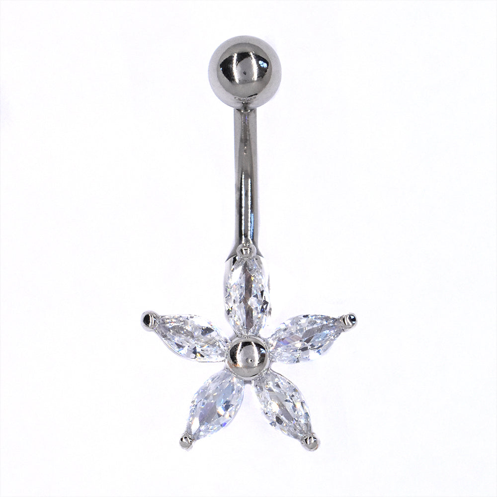 Stainless steel cubic zirconia flower belly ring - SSMBJ2015