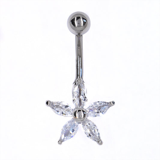 Stainless steel cubic zirconia flower belly ring - SSMBJ2015