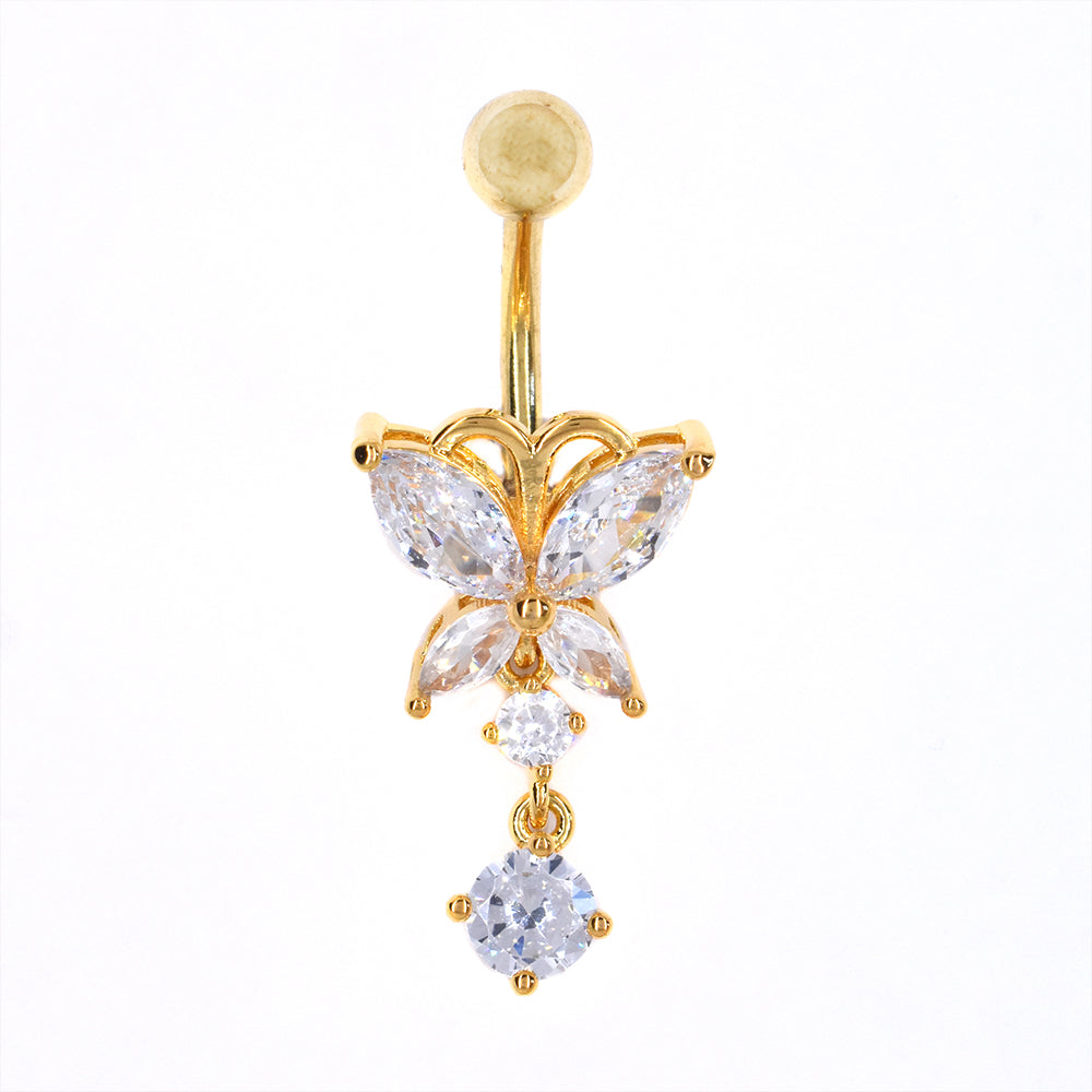 Stainless steel butterfly with dangle cubic zirconia belly ring - SSMBJ2018