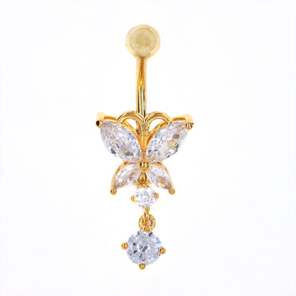 Stainless steel butterfly with dangle cubic zirconia belly ring - SSMBJ2018