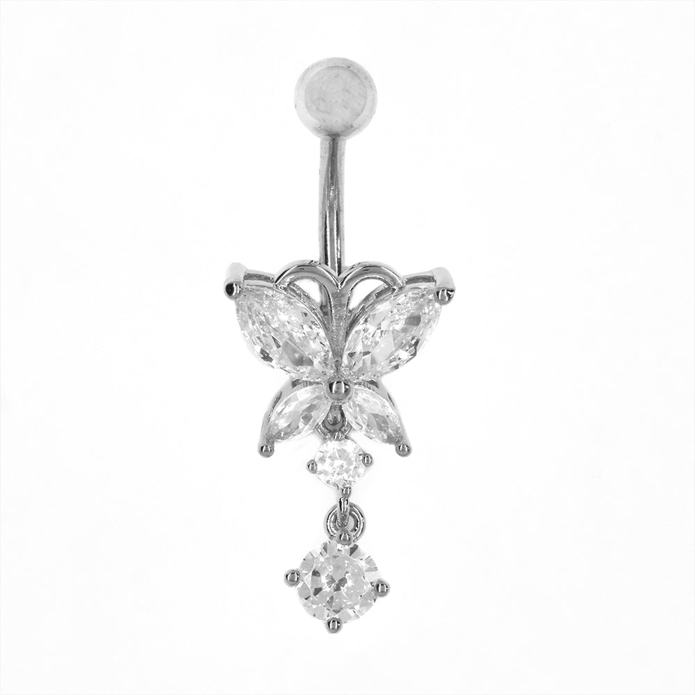 Stainless steel butterfly with dangle cubic zirconia belly ring - SSMBJ2018