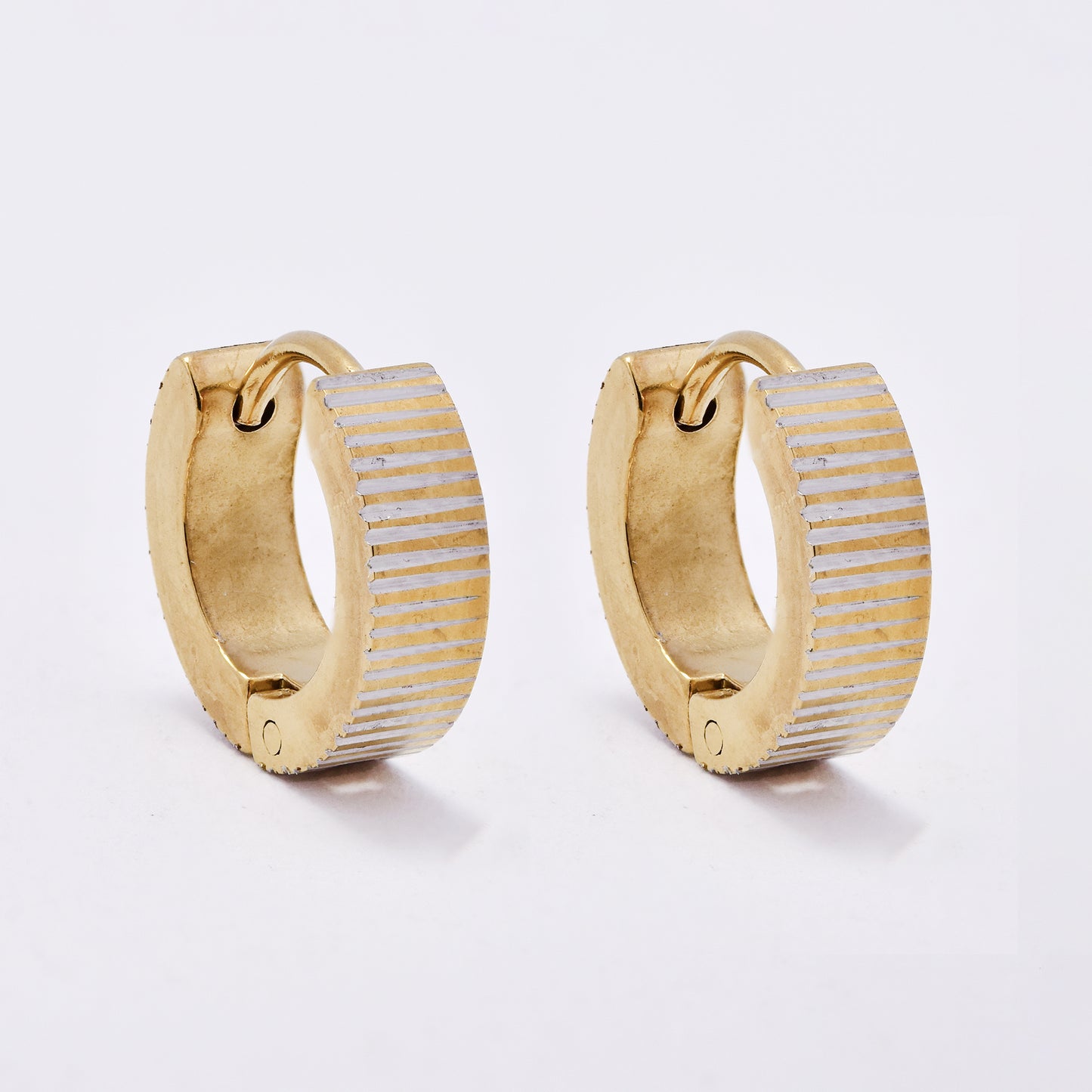 SSME3245 - Steel 13mm x 4mm two-toned ribbed huggie earring
