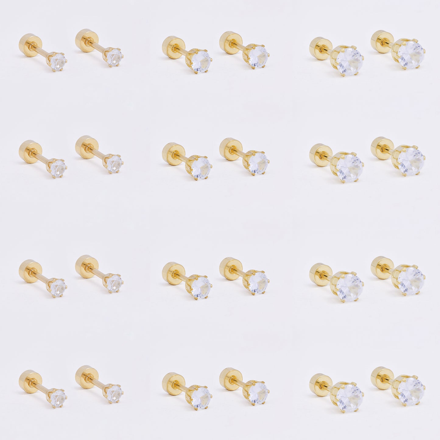 SSME3468 - Steel 12-pack 3, 4 & 5mm round CZ stud earring with flat back closure