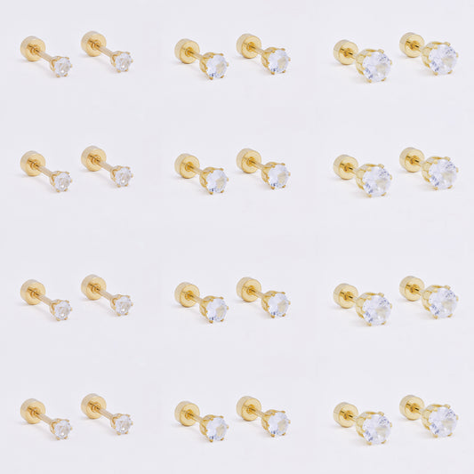 SSME3468 - Steel 12-pack 3, 4 & 5mm round CZ stud earring with flat back closure