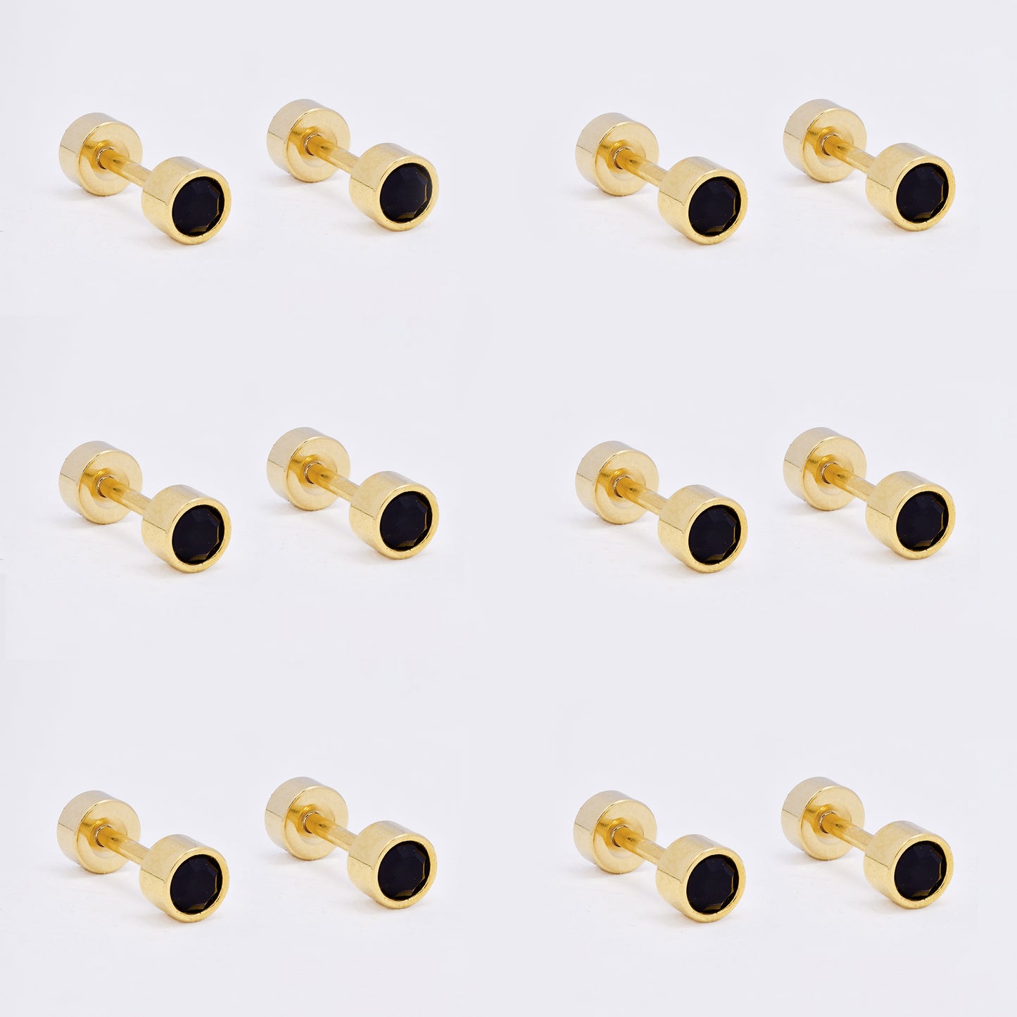 SSME3469 - Steel 6-pack 4mm round black enamel stud earring with flat back closure