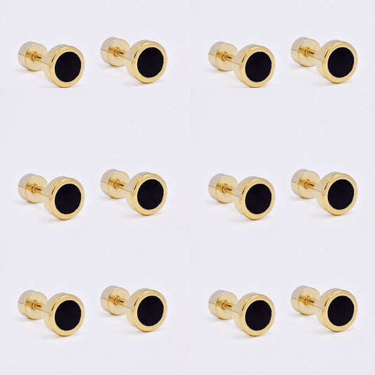 SSME3470 - Steel 6-pack 6mm round black enamel stud earring with flat back closure