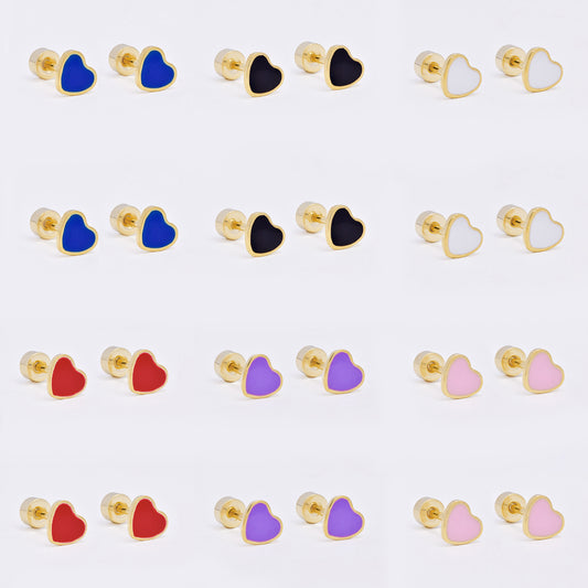 SSME3471 - Steel 12-pack  5.5mm x 6mm enamel heart stud earring with flat back closure