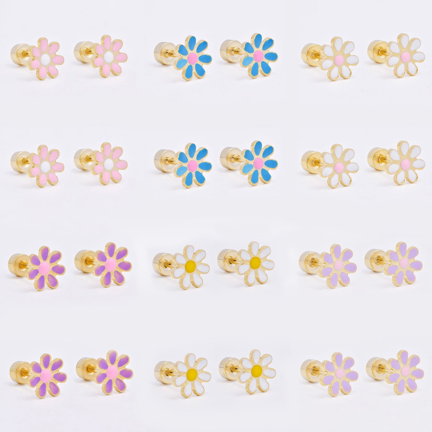 SSME3472 - Steel 12-pack 8mm enamel flower stud earring with flat back closure