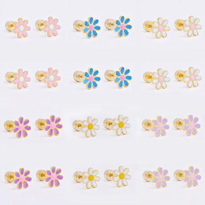 SSME3472 - Steel 12-pack 8mm enamel flower stud earring with flat back closure