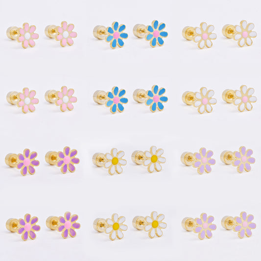SSME3472 - Steel 12-pack 8mm enamel flower stud earring with flat back closure