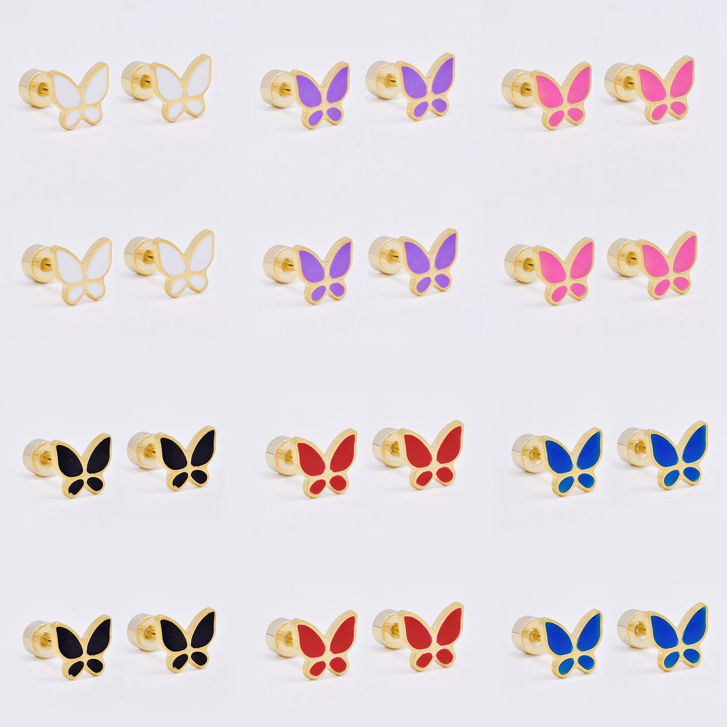 SSME3473 - Steel 12-pack 6.5mm x 7.5mm enamel butterfly stud earring with flat back closure