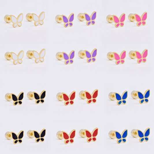 SSME3473 - Steel 12-pack 6.5mm x 7.5mm enamel butterfly stud earring with flat back closure