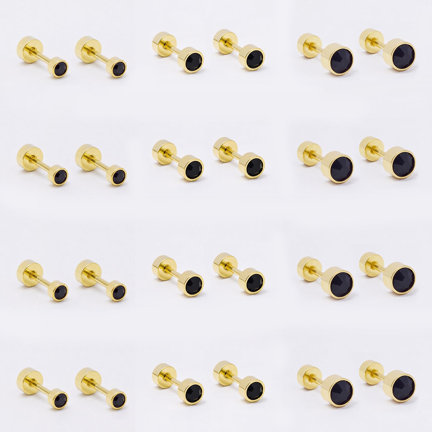 SSME3475- Steel 12-pack 3, 4 & 5mm round CZ stud earring with flat back closure