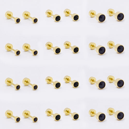 SSME3475- Steel 12-pack 3, 4 & 5mm round CZ stud earring with flat back closure