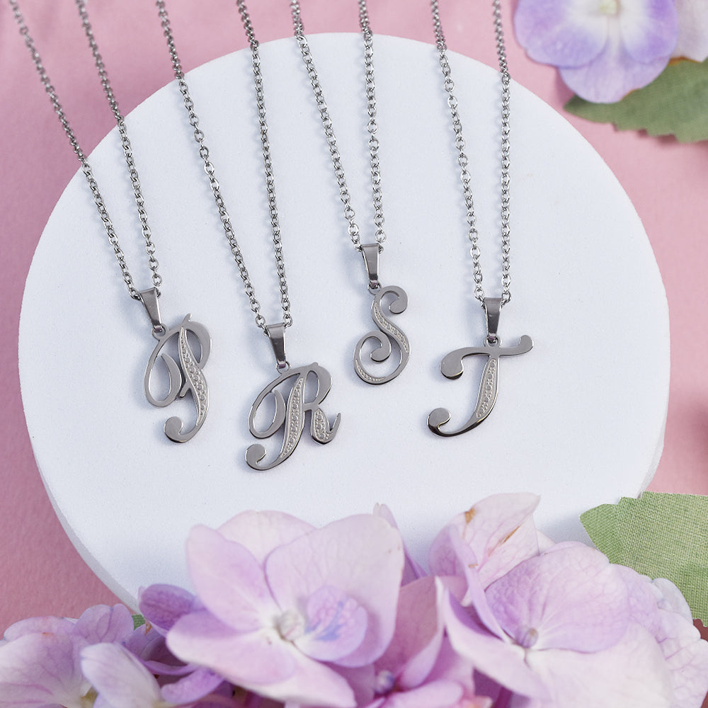 Steel decorative font initial necklace